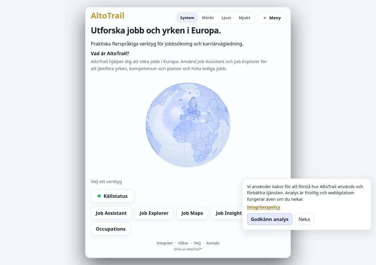 Skärmdump av AltoTrail | Explore jobs and occupations across Europe