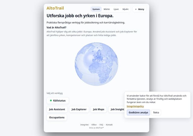 Skärmdump av AltoTrail | Explore jobs and occupations across Europe
