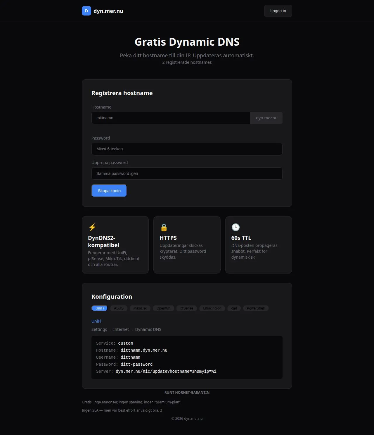 Skärmdump av dyn.mer.nu — Gratis Dynamic DNS