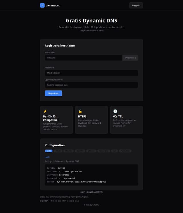 Skärmdump av dyn.mer.nu — Gratis Dynamic DNS