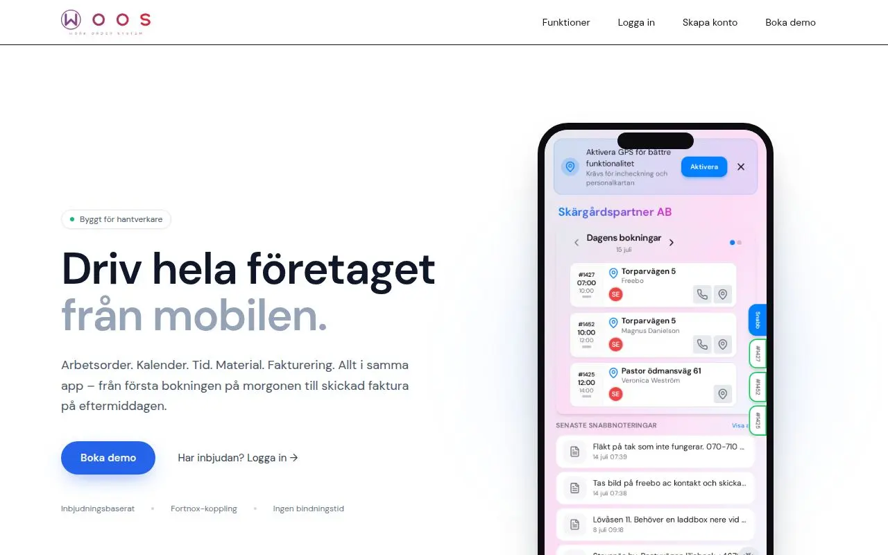 Skärmdump av WOOS - Arbetsordrar, tid & material i en app