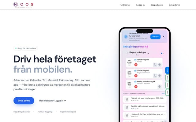 Skärmdump av WOOS - Arbetsordrar, tid & material i en app