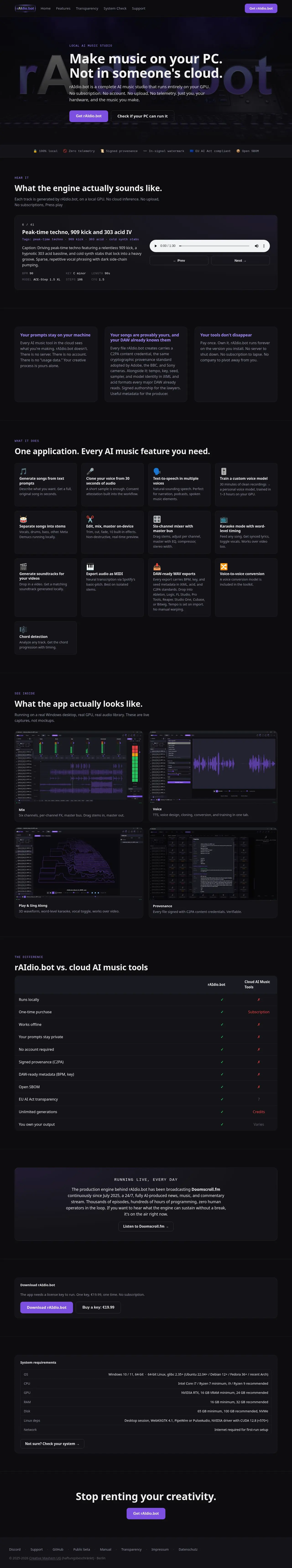 Skärmdump av rAIdio.bot, Local AI Music Studio. No Cloud. No Subscription.