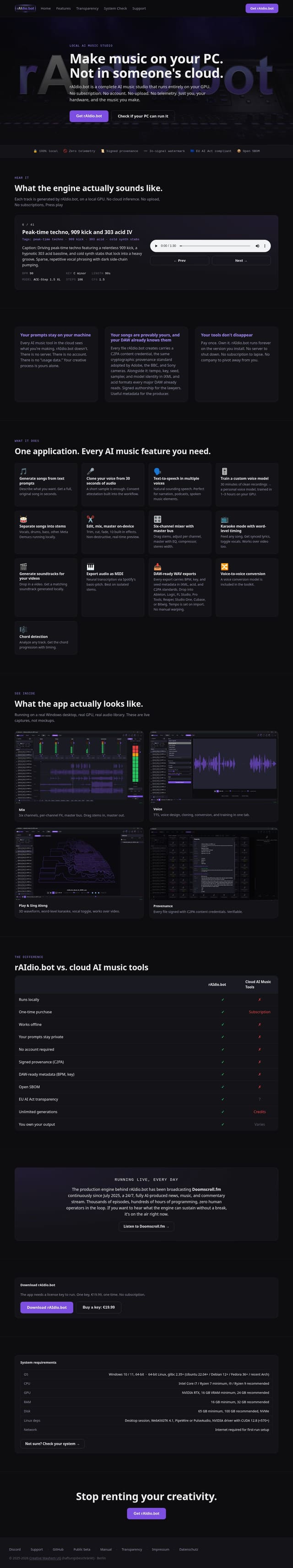 Skärmdump av rAIdio.bot, Local AI Music Studio. No Cloud. No Subscription.