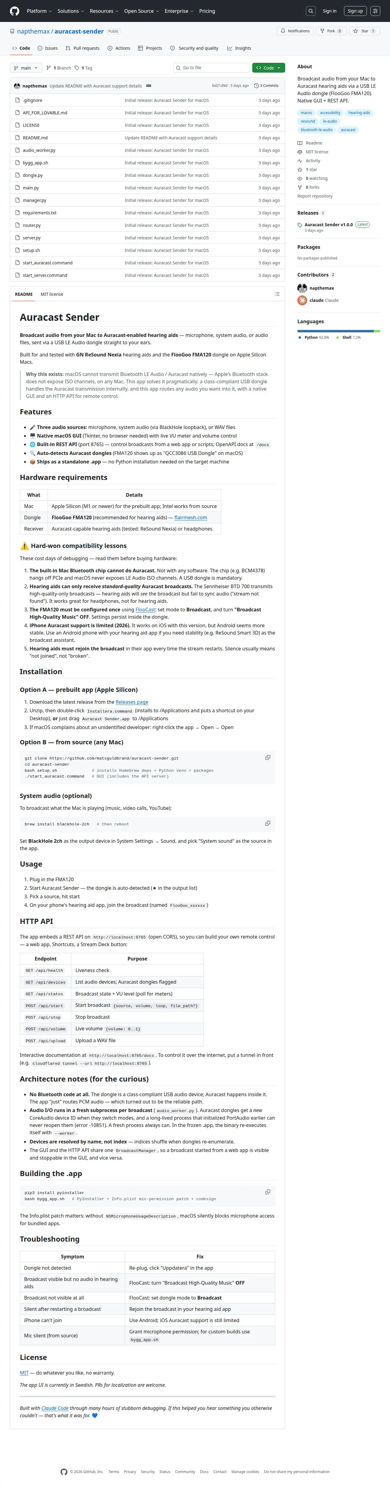 Skärmdump av GitHub - napthemax/auracast-sender: Broadcast audio from your Mac to Auracast hearing aids