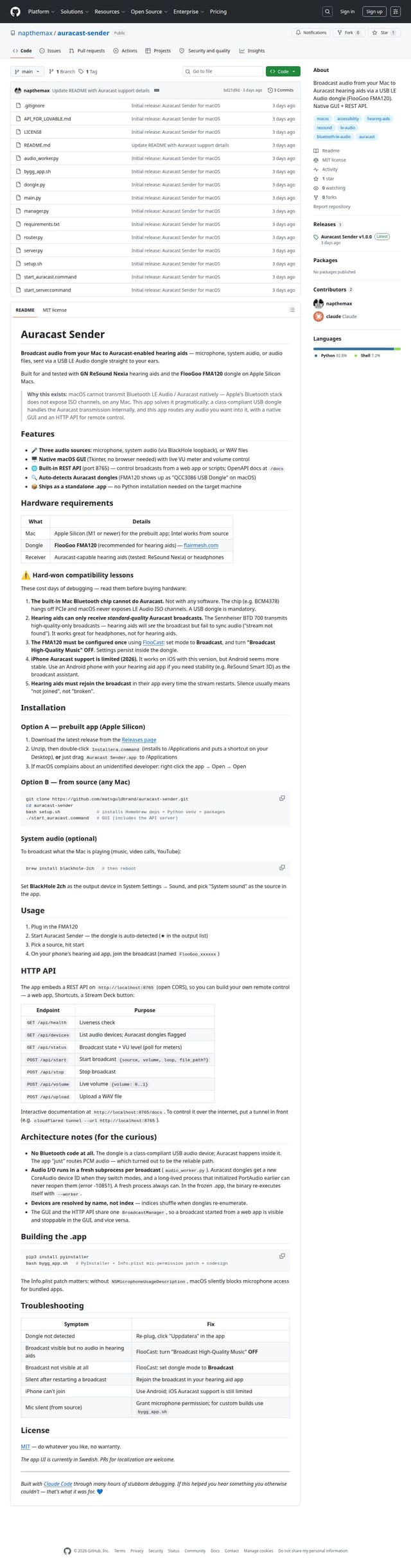 Skärmdump av GitHub - napthemax/auracast-sender: Broadcast audio from your Mac to Auracast hearing aids