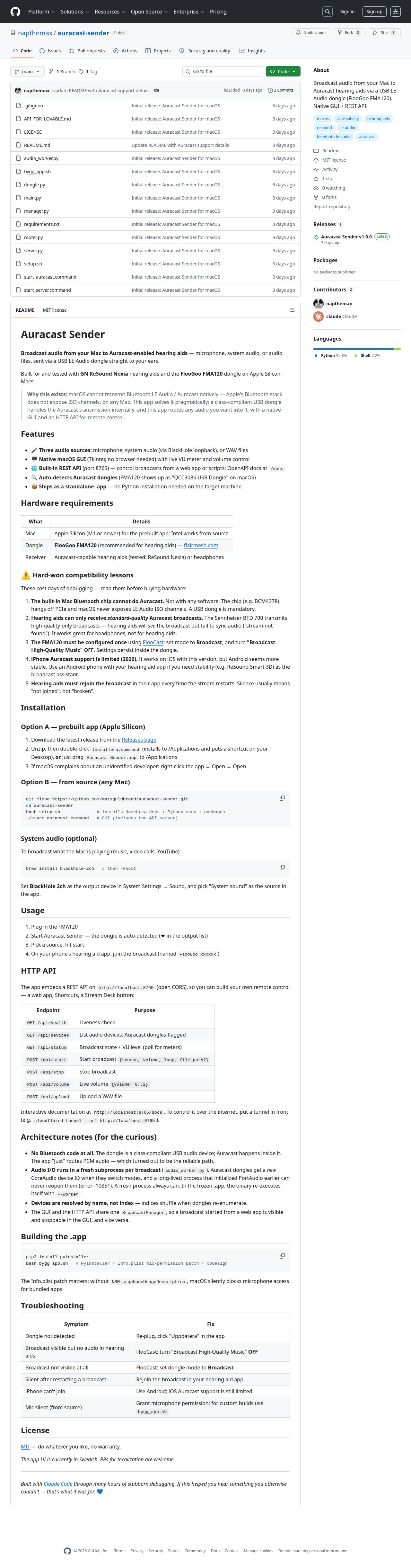 GitHub - napthemax/auracast-sender: Broadcast audio from your Mac to Auracast hearing aids