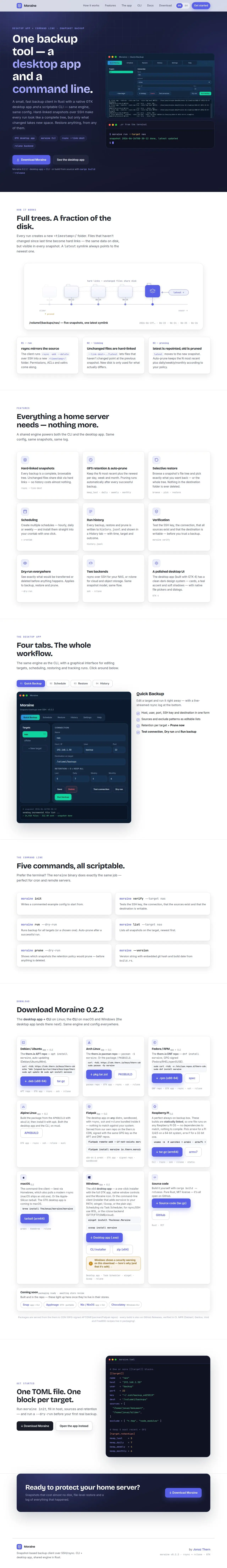 Skärmdump av Moraine — snapshot backup over SSH/rsync and rclone