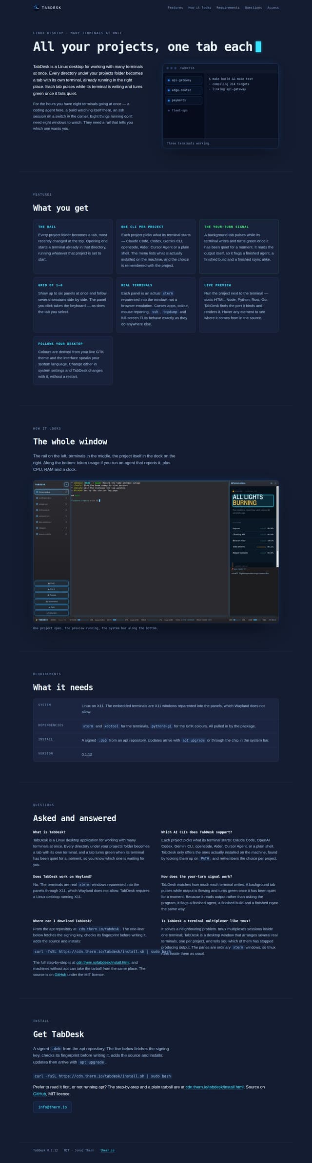 Skärmdump av TabDesk — one tab per project, many terminals at once