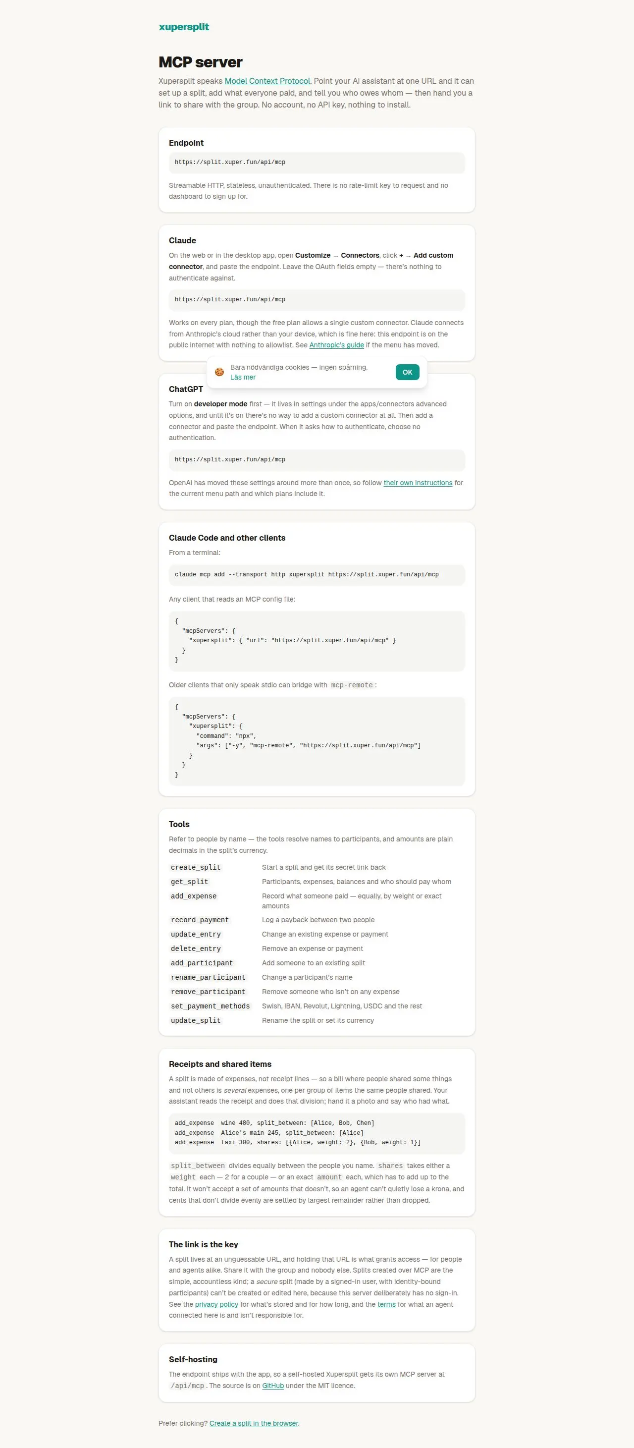 Skärmdump av Xupersplit MCP server — split expenses from your AI