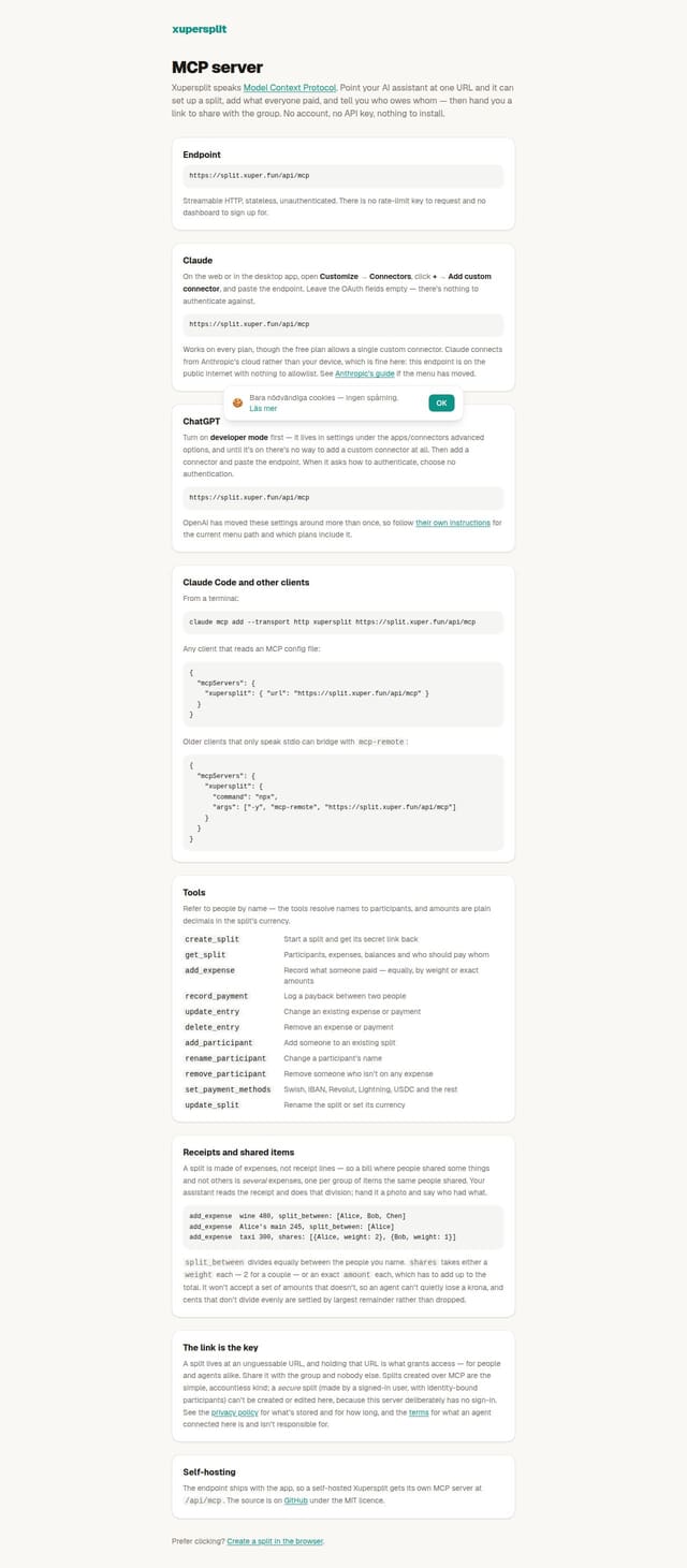 Skärmdump av Xupersplit MCP server — split expenses from your AI