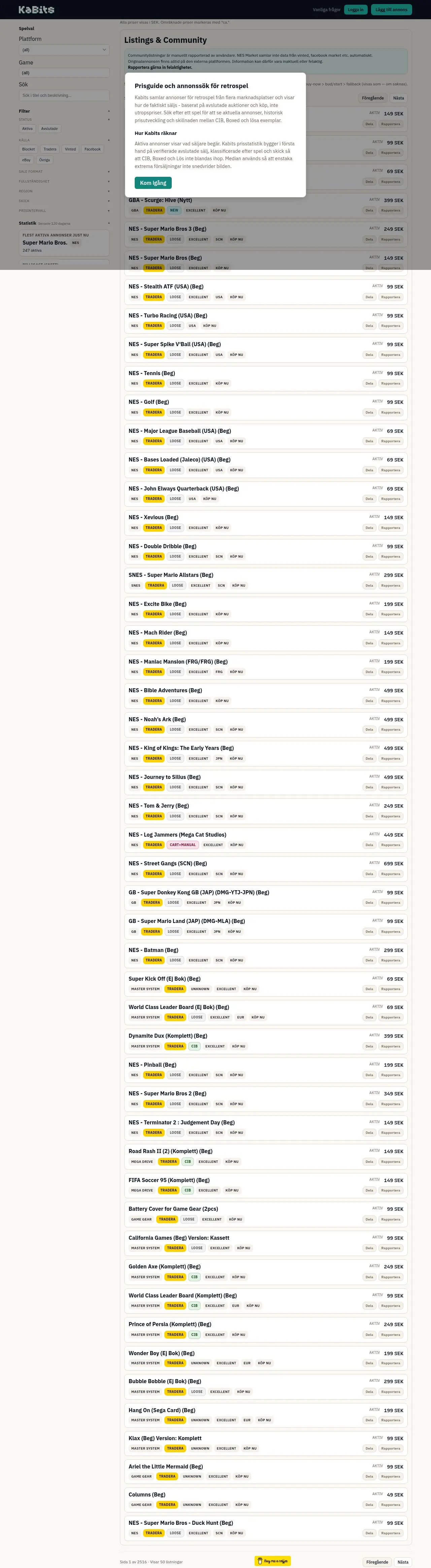 Skärmdump av Kabits – din retroprisguide
