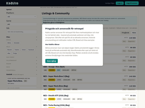 Skärmdump av Kabits – din retroprisguide