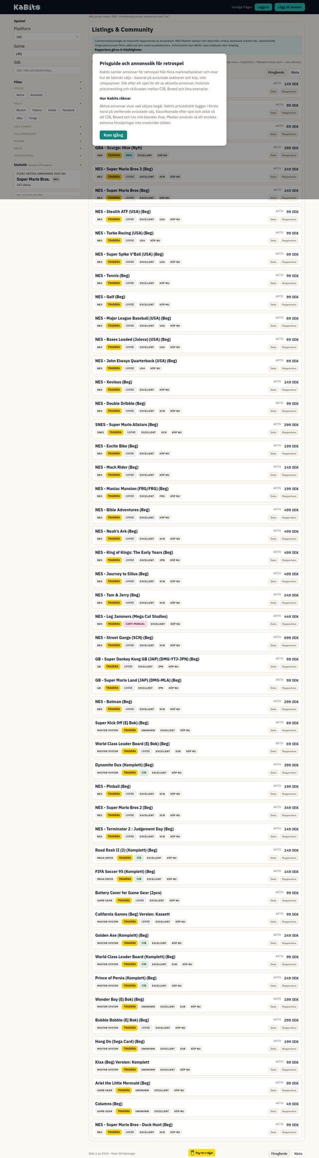 Skärmdump av Kabits – din retroprisguide