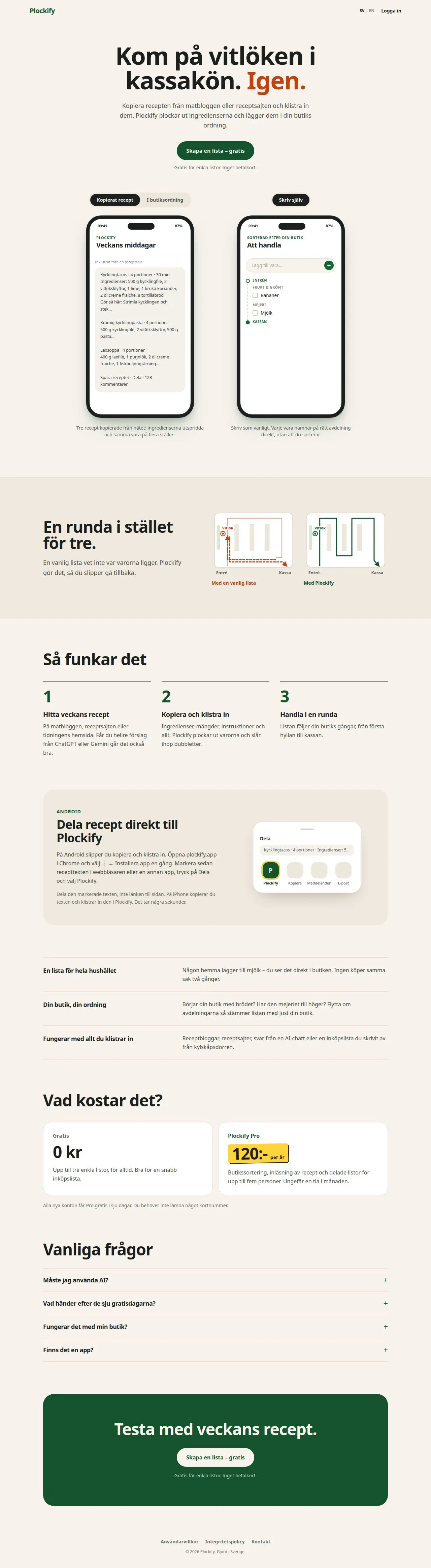 Skärmdump av Plockify – inköpslistan i butikens ordning