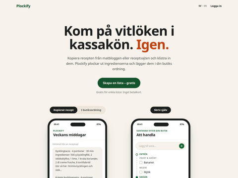 Skärmdump av Plockify – inköpslistan i butikens ordning